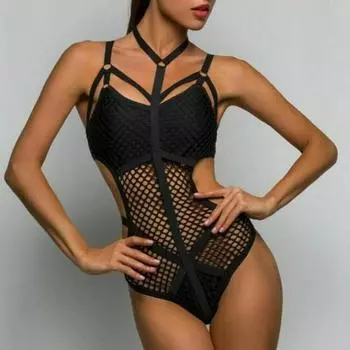 Женский сетчатый цельный бикини, ажурные стринги, боди, купальник, боди S чёрный
