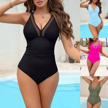 Женский сетчатый цельный купальник с глубоким V-образным вырезом, сетчатый купальник для женщин S чёрный