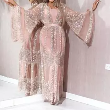 Женский сетчатый костюм с длинными рукавами и блестками, длинное платье из двух частей S розовый