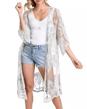 Женский сетчатый кружевной купальник пляжный кардиган открытый белый [Bsubseach] Cover-up