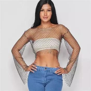 Женский сетчатый расклешенный топ со стразами и длинными рукавами, ажурная прозрачная сетка для ювелирных изделий, Клубная одежда для рейв-вечеринок белый