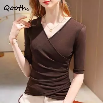 Женский сетчатый топ Qooth S-3XL с v-образным вырезом и короткими рукавами, повседневная модная элегантная тонкая базовая рубашка на весну и лето QT2075 S кофейный