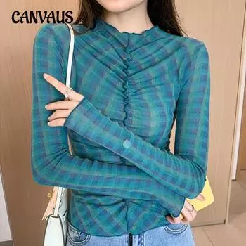 Женский сетчатый топ с круглым вырезом и радужным клетчатым принтом, облегающий, с длинными рукавами и завязками на весну и осень