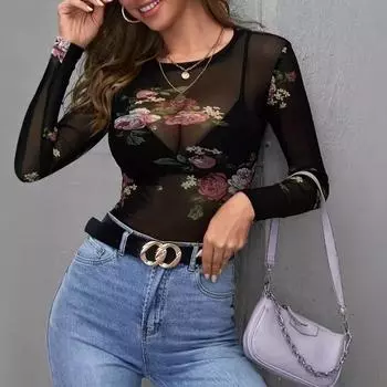 Женский сетчатый топ с круглым вырезом и длинными рукавами на весну и осень S чёрный