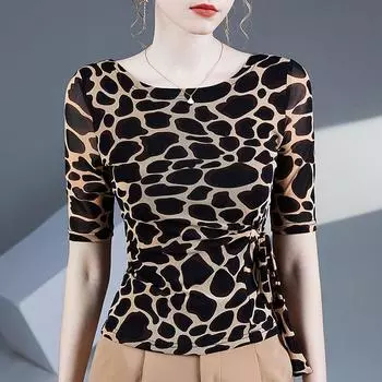 Женский сетчатый топ с леопардовым принтом, рукавами средней длины и талией с завязкой-бабочкой - Коллекция Лето 2024 3XL красный