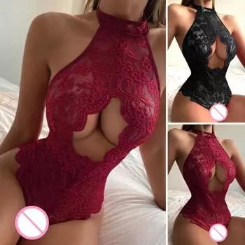 Женский секс-комбинезон с вырезами из кружева, приталенный крой, без вырезов, однотонный, с открытыми плечами, узкая бретелька на шее, прозрачная ажурная сетка с открытой спиной, женская секс-одежда S
