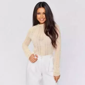 Женский сексуальный ажурный круглый вырез однотонный прозрачный длинный рукав топ S белый