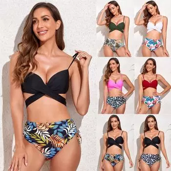 Женский сексуальный бандажный купальник с цветочным принтом, комплект из 2 предметов, купальный костюм в стиле ретро, комплект бикини с гавайским принтом L чёрный