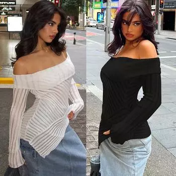 Женский сексуальный базовый топ с открытыми плечами и длинным рукавом, сексуальный топ Y2K, тонкие футболки S белый