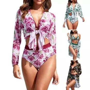 Женский сексуальный бикини, солнцезащитный халат, купальник с принтом, комплект из трех предметов L чёрный