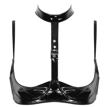 Женский сексуальный блестящий глубокий U-образный кожаный бюстгальтер для секса, эротическое горячее порно, глубокий вырез, половина чашки, открывающая грудь, глянцевый латексный топ с бретелькой через шею, сексуальный S