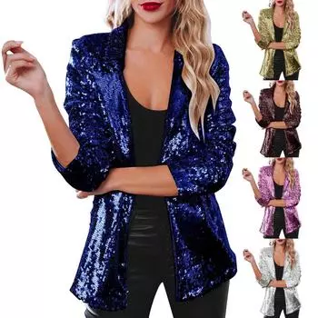 Женский сексуальный блестящий клубный вечерний коктейльный костюм с блестками, вечернее пальто L синий