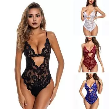 Женский сексуальный боди с глубоким вырезом на спине, без рукавов, тонкий прозрачный кружевной глубокий V-образный вырез, цветочная вышивка, бретельки-спагетти, облегающий женский комбинезон для брачной ночи M