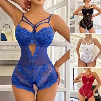 Женский сексуальный боди с глубоким вырезом на спине, без рукавов, тонкий прозрачный кружевной глубокий V-образный вырез, цветочная вышивка, бретельки-спагетти, облегающий женский комбинезон для брачной ночи S