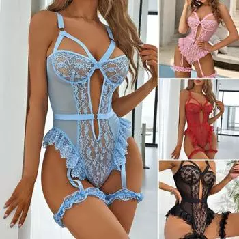 Женский сексуальный боди с кольцами на бедрах, без рукавов, с открытой спиной, с тонкими прозрачными кружевными вышитыми цветами, на тонких бретельках, облегающий женский ночной комбинезон S