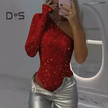 Женский сексуальный боди с пайетками, длинный рукав, одно плечо, топ-труба, комбинезон, женский облегающий цельный комбинезон для вечеринок, клубов, баров S белый