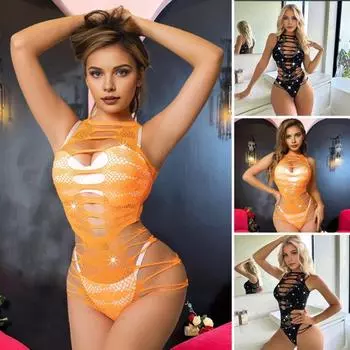 Женский сексуальный боди с вырезом, прозрачный, с сеткой, со стразами, без рукавов, высокая эластичность, тонкий