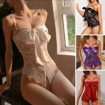 Женский сексуальный боди со шнуровкой и бантом на спине, без рукавов, тонкий прозрачный кружевной открытый промежностный цветок L