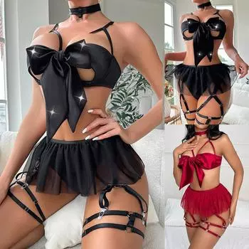 Женский сексуальный бюстгальтер с бантом, сетчатая юбка, подтяжки, ремень для бондажа, нижнее белье, ночное белье S