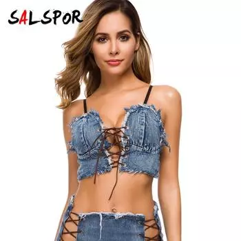 Женский сексуальный бюстгальтер в стиле хип-хоп, подтяжки, жилет без рукавов, джинсовый топ