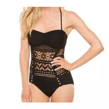 Женский слитный купальник с кружевом в ретро стиле S чёрный