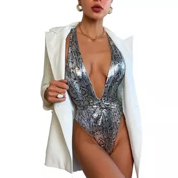 Женский сексуальный цельный купальник бикини с v-образным вырезом и змеиным принтом на бретельках и открытой спиной
