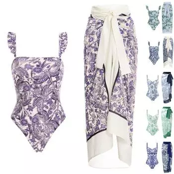 Женский сексуальный цельный купальник с длинной юбкой и купальником с принтом L зелёный