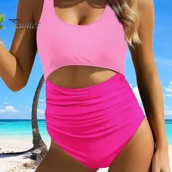 Женский сексуальный цельный купальник с U-образным вырезом без рукавов и высокой талией, ажурное монокини, сплошной цвет, с рюшами, цельный купальный костюм, пляжная одежда