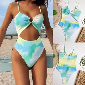 Женский сексуальный цельный купальник бикини, топ с полым принтом, купальник L зелёный