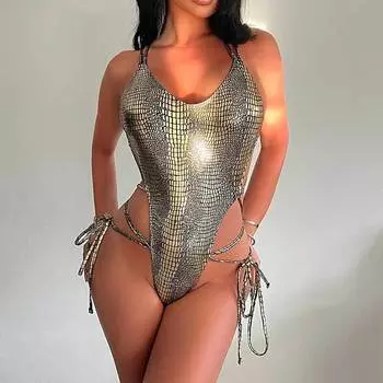 Женский сексуальный цельный купальник, летний купальник с завязками по бокам, стринги, открытая спина, эластичное бикини S золотой
