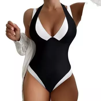 Женский сексуальный цельный купальник, однотонный, с бретелькой через шею, с вырезом, пляжная одежда, купальник, модный, плиссированный, с бретелькой через шею, комплекты бикини S чёрный