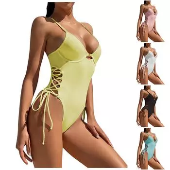 Женский сексуальный цельный однотонный комбинезон, пляжная одежда, купальник, бикини с пуш-ап L чёрный