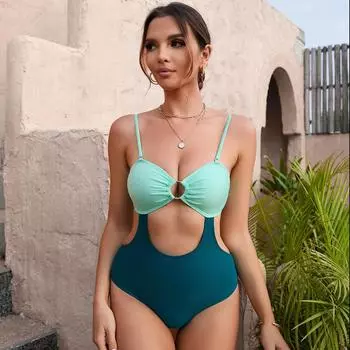 Женский сексуальный цельный пляжный купальный комплект бикини, купальник на бретельках, тонкий купальник, ажурный лоскутный цвет S зелёный