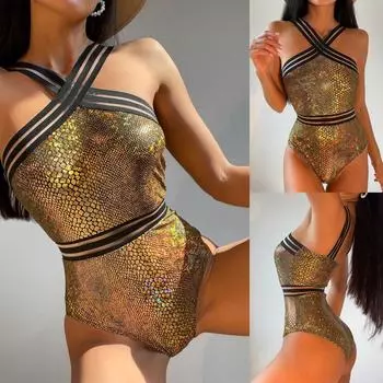 Женский сексуальный глянцевый треугольный раздельный бикини-костюм, летний купальник-стринги с завязками по бокам, эластичный бикини на бретельках S золотой