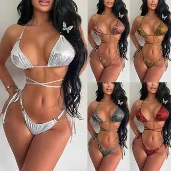 Женский сексуальный глянцевый треугольный раздельный бикини-костюм, летний купальник-стринги с завязками по бокам, эластичный купальник-бикини с открытой спиной и шнуровкой S