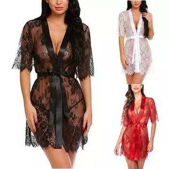 Женский сексуальный халат Babydoll, кружевное нижнее белье, пояс + стринги, банный халат S красный