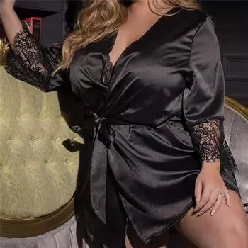 Женский сексуальный халат из атласа и вискозы, ночная рубашка, пижама, кружево, большие размеры 6XL чёрный