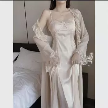 Женский сексуальный халат, комплект из атласной кружевной пижамы с длинными рукавами для женщин, однотонный шелковый комплект из 2 предметов для женщин S