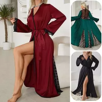 Женский сексуальный халат, однотонная домашняя одежда, пижама из сетки Desire, утренний халат, атласный шелковый длинный халат, кружевная пижама, нижнее белье, платье XS зелёный