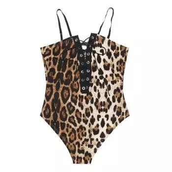 Женский сексуальный комбинезон без рукавов с леопардовым принтом на шнуровке с глубоким V-образным вырезом Тонкий боди M