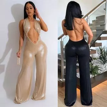 Женский сексуальный комбинезон без рукавов с открытой спиной и широким вырезом на шее, летний сексуальный цельный комплект S чёрный