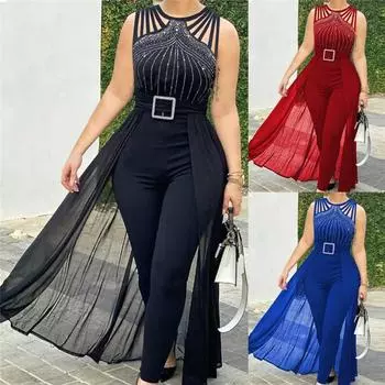 Женский сексуальный комбинезон из прозрачной сетки без рукавов с круглым вырезом и штампованным дизайном L чёрный