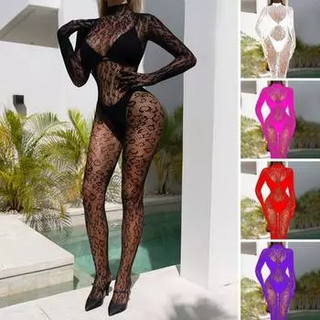 Женский сексуальный комбинезон с ажурным кружевом, длинными рукавами, эластичный, тонкий, облегающий, с полувысоким воротником, женский комбинезон для медового месяца