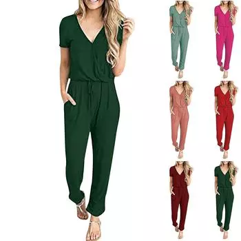 Женский сексуальный комбинезон с глубоким v-образным вырезом и короткими рукавами и завязками на талии, комбинезон с карманами XL