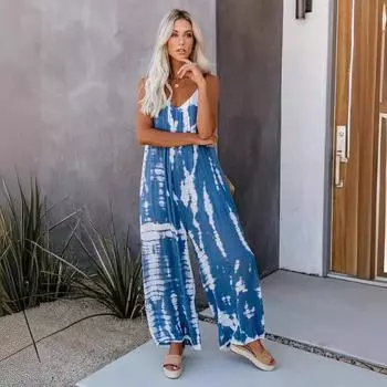 Женский сексуальный комбинезон с широкими штанинами и бретельками через шею S синий