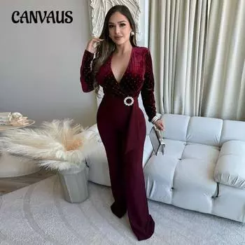 Женский сексуальный комбинезон с V-образным вырезом и длинным рукавом, со стразами, облегающие широкие брюки S бордовый
