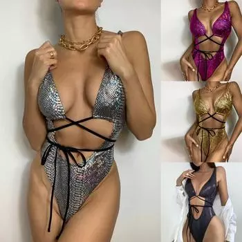 Женский сексуальный комбинезон с высоким вырезом, монокини, ажурный купальник, нижнее белье для танцев, блестящий комплект бикини S серебряный