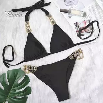 Женский сексуальный комплект бикини, 2 шт./компл., однотонный бронзовый комплект со змеиным принтом, мягкий бюстгальтер с лямкой на шее, стразы, цепочка, трусы, комплект, купальник пуш-ап S чёрный
