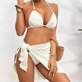 Женский сексуальный комплект бикини, 3 шт./компл., однотонный бюстгальтер с бретелькой на шее, трусы с низкой посадкой на шнуровке, комплект с юбкой, купальный костюм, пляжная одежда S зелёный