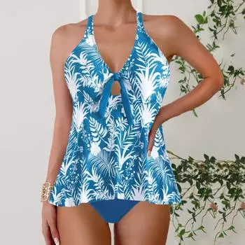 Женский сексуальный комплект бикини из двух частей, модный купальник с пуш-ап и цветочным принтом, разделенный купальник, костюм бикини, женский пляжный купальник с лямкой на шее XS синий